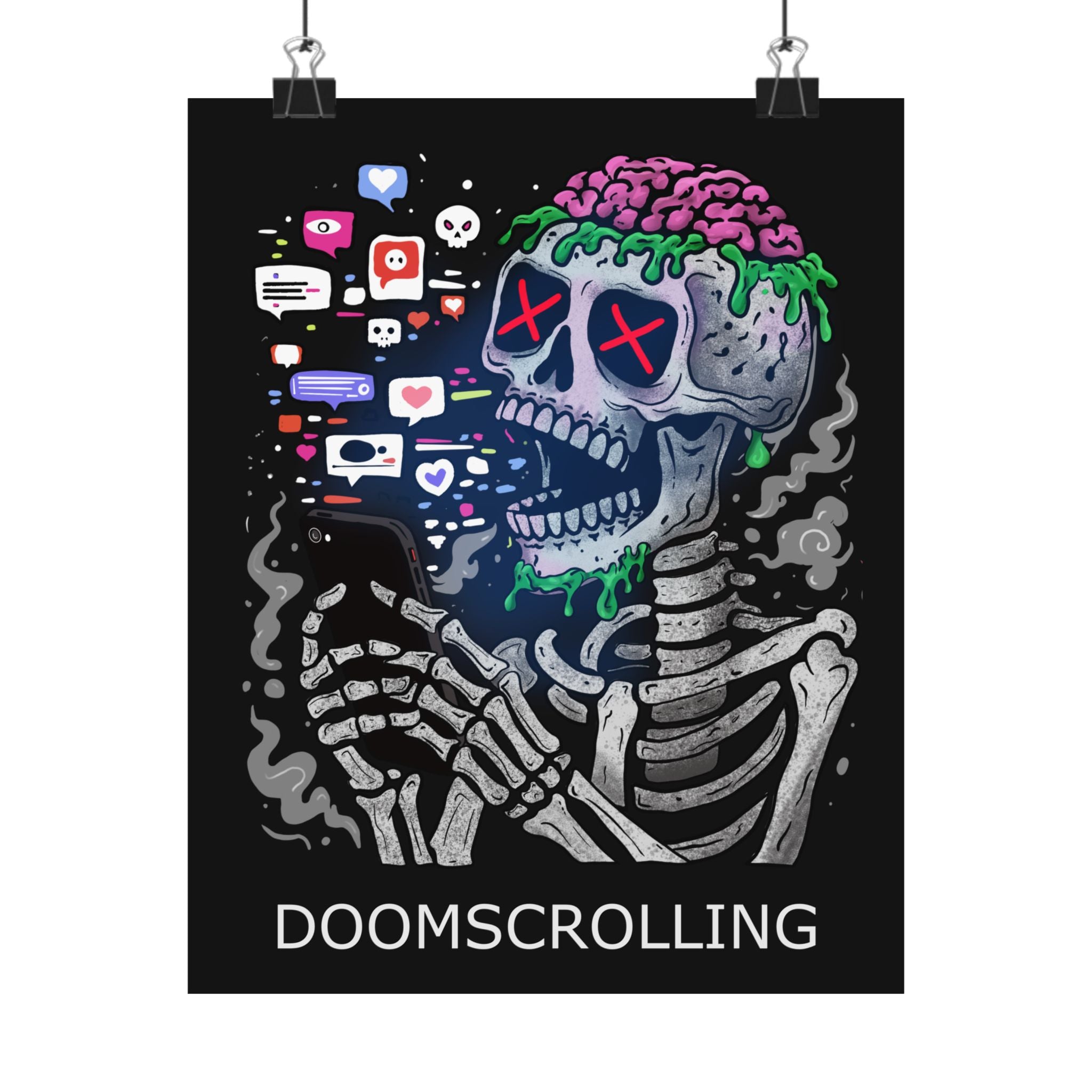 Doomscrolling Skeleton Poster — Matte Vertical Goth Social Media Art Print