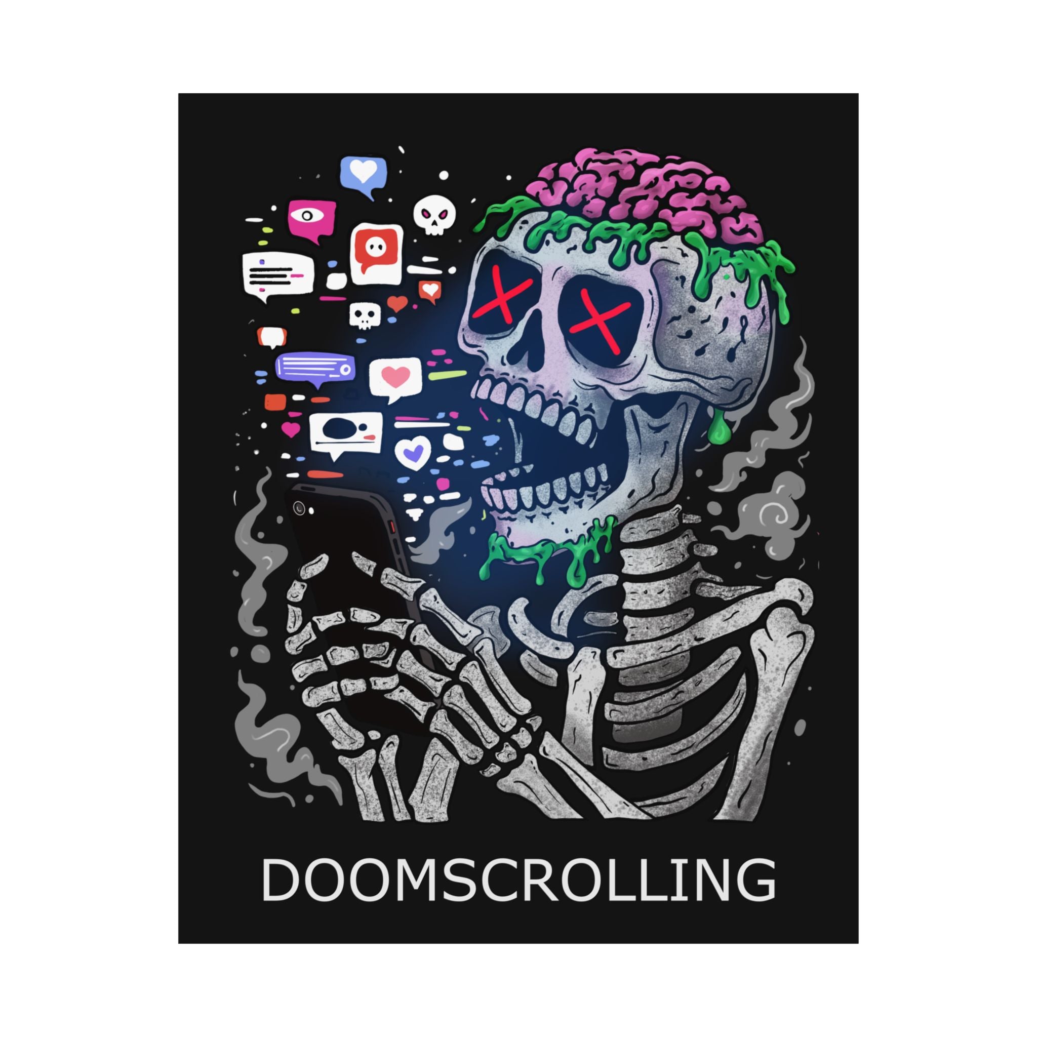 Doomscrolling Skeleton Poster — Matte Vertical Goth Social Media Art Print