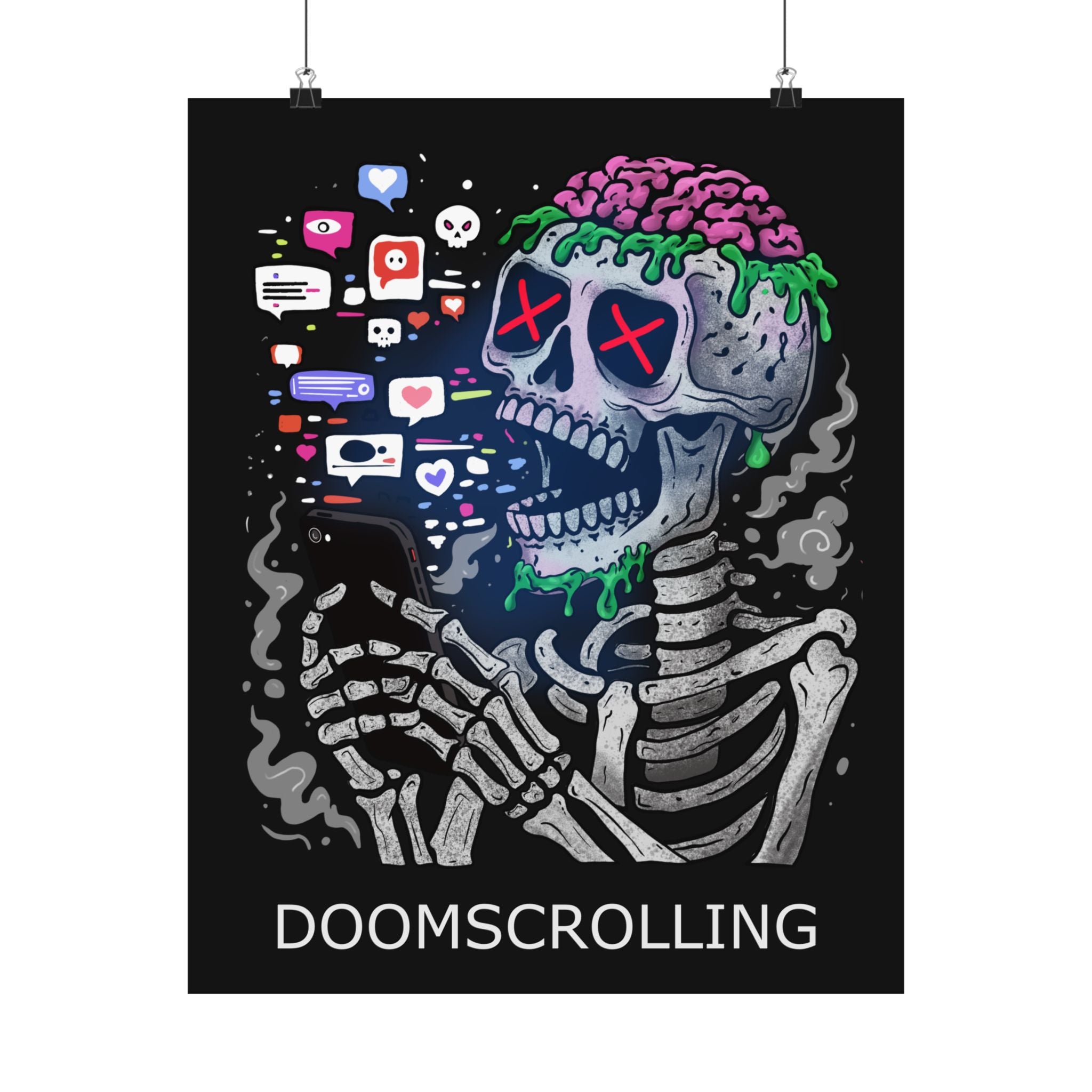 Doomscrolling Skeleton Poster — Matte Vertical Goth Social Media Art Print